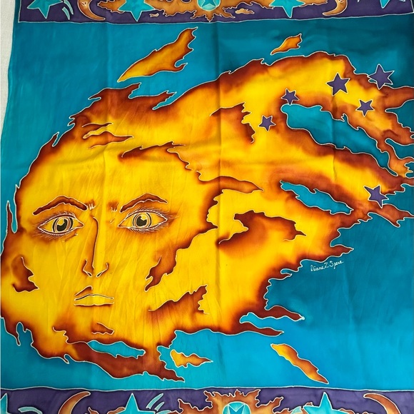 •DianeZ Spera Handprinted Hand Rolled Silk Graphic Sun Moon Unique Scarf 44”x41” - Picture 2 of 10